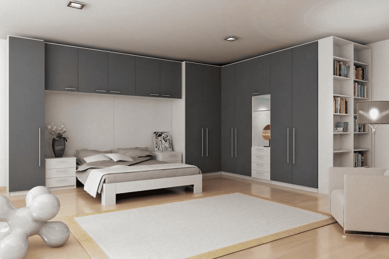 muebles dormitorio armario altillo puente cama patas mesitas gris blanco